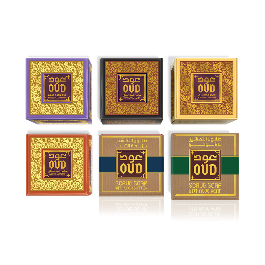 Set of six small boxes with 'Oud' branding on a white background