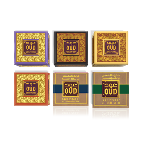 Set of six small boxes with 'Oud' branding on a white background